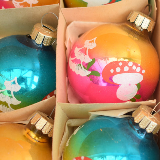Vintage 1960s Glass German Christmas Baubles - Medium - Toadstools