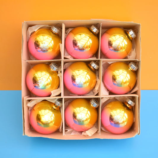 Vintage 1960s Glass German Christmas Baubles - Large - Pink/ Gold