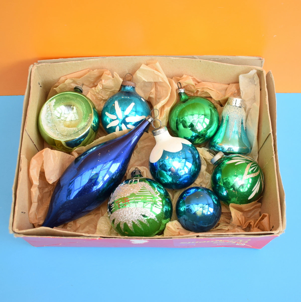 Vintage 1950s Glass Mixed Decorations - Blue / Green