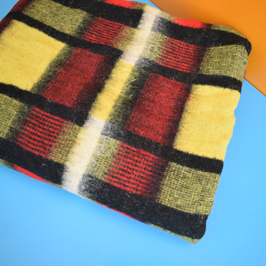 Vintage 1950s Wooly Blanket / Throw - Black/ Red/ Yellow