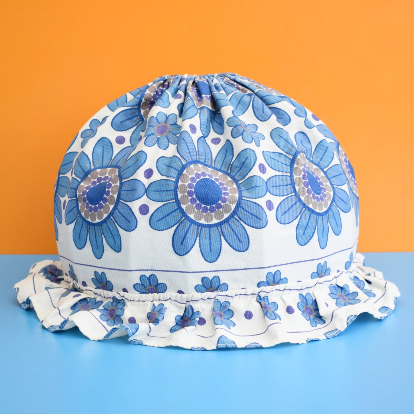 Vintage 1970s Fabric Lampshade - Flower Power - Blue