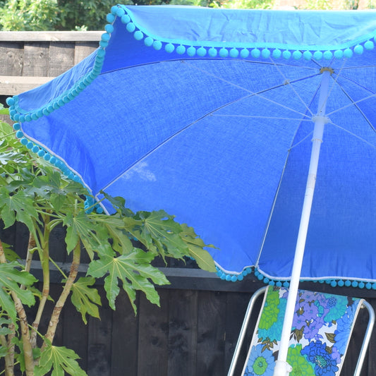Vintage 1960s - Garden Parasol / Umbrella - Blue / Turquoise With Bobble Trim