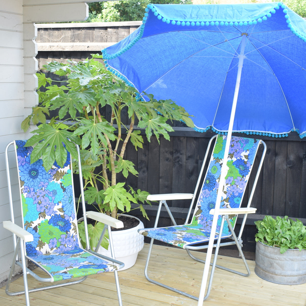 Vintage 1960s - Garden Parasol / Umbrella - Blue / Turquoise With Bobble Trim