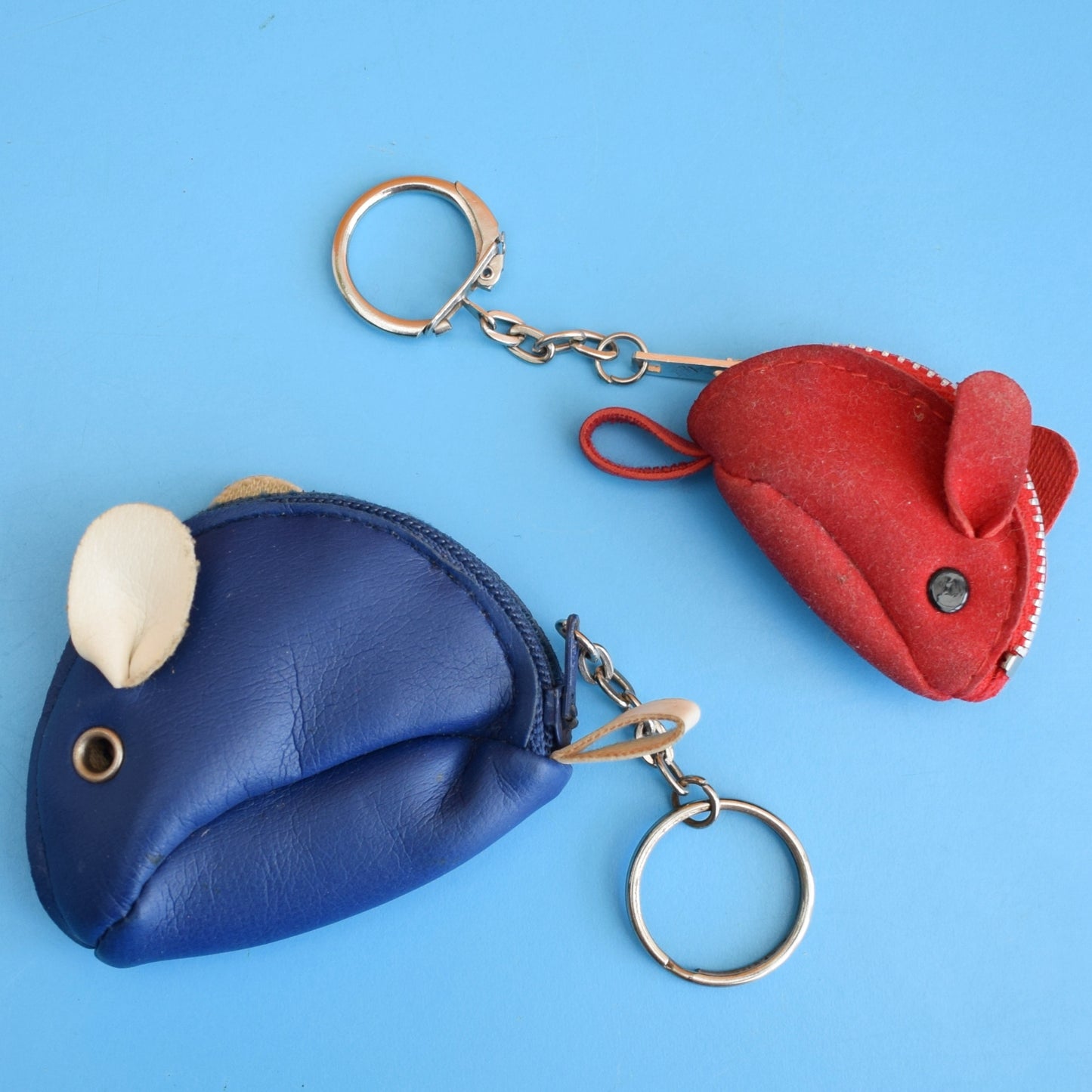 Vintage 1970s Cute Mouse Keyring Pair - Red/ Blue