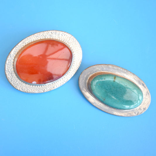 Vintage Ruskin Style Ceramic / Agate / Pewter Brooch - Turquoise