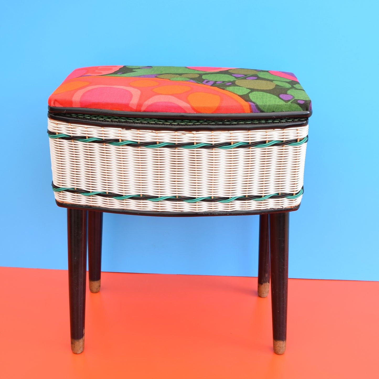 Vintage 1960s Sewing / Hobby Box - Swedish Boras Fabric, Green, Pink & Orange