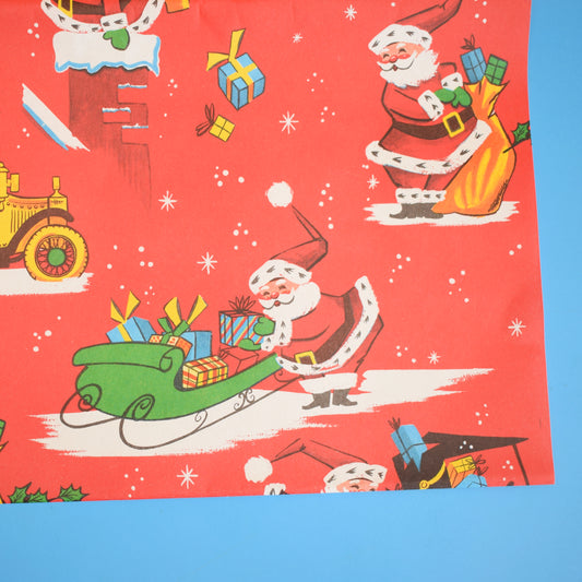 Vintage 1970s Christmas Gift Wrap Paper - Santa Car
