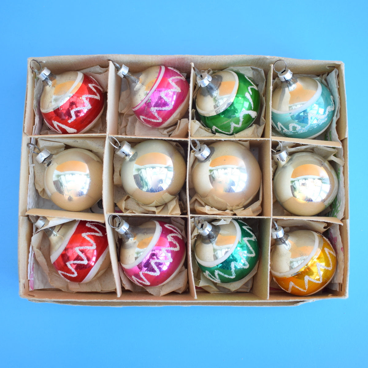 Vintage Mixed 1950s Small Glass Christmas Baubles - Boxed .