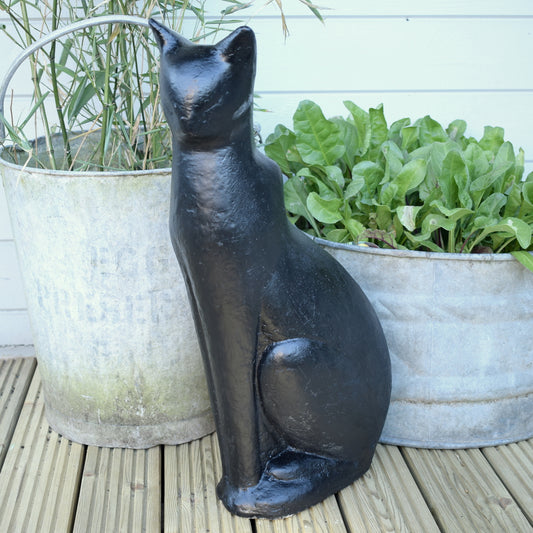 Vintage 1950s Concrete Cat Garden Ornament - Kitsch & Heavy - Black