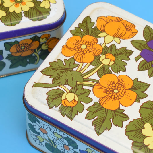 Vintage 1960s Metal Tin Box - Flower Design - Primroses