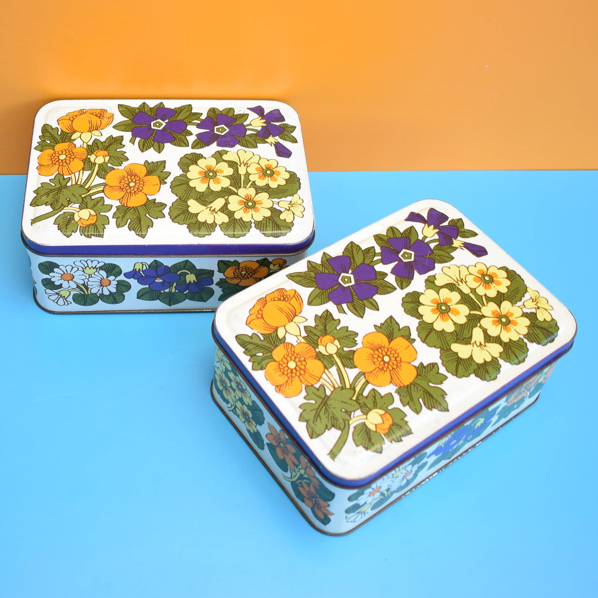 Vintage 1960s Metal Tin Box - Flower Design - Primroses