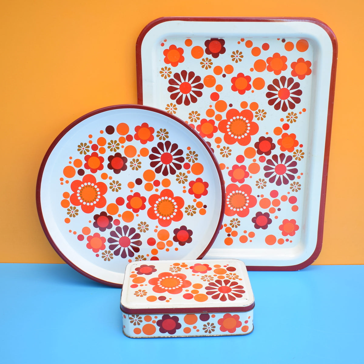 Vintage 1960s Round Metal Trays / Box - Flower Design, Orange
