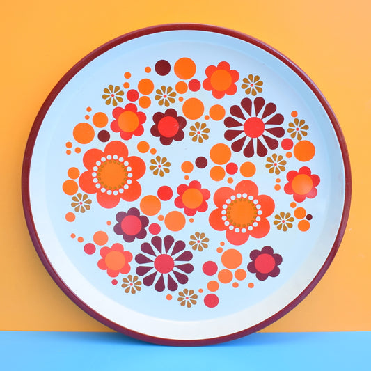 Vintage 1960s Round Metal Trays / Box - Flower Design, Orange
