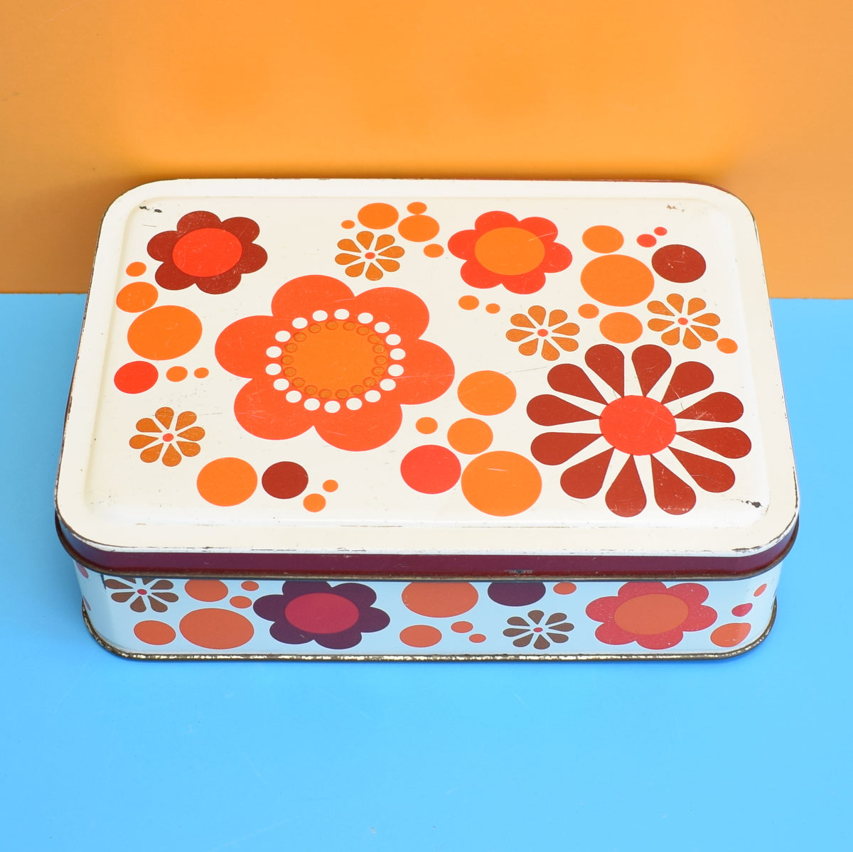 Vintage 1960s Round Metal Trays / Box - Flower Design, Orange