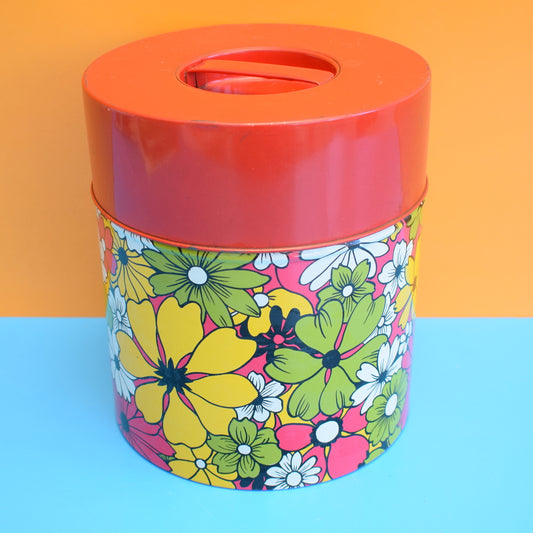 Vintage 1970s Large Metal Tin - Flower Design - Red