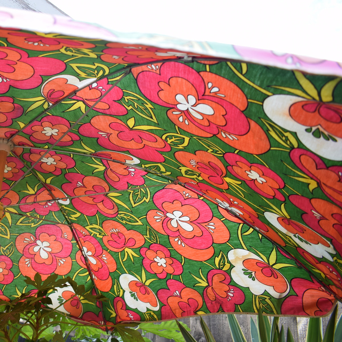 Vintage 1960s Large Folding Garden Parasol - Australian Standfast - Flower Power - Green & Pink