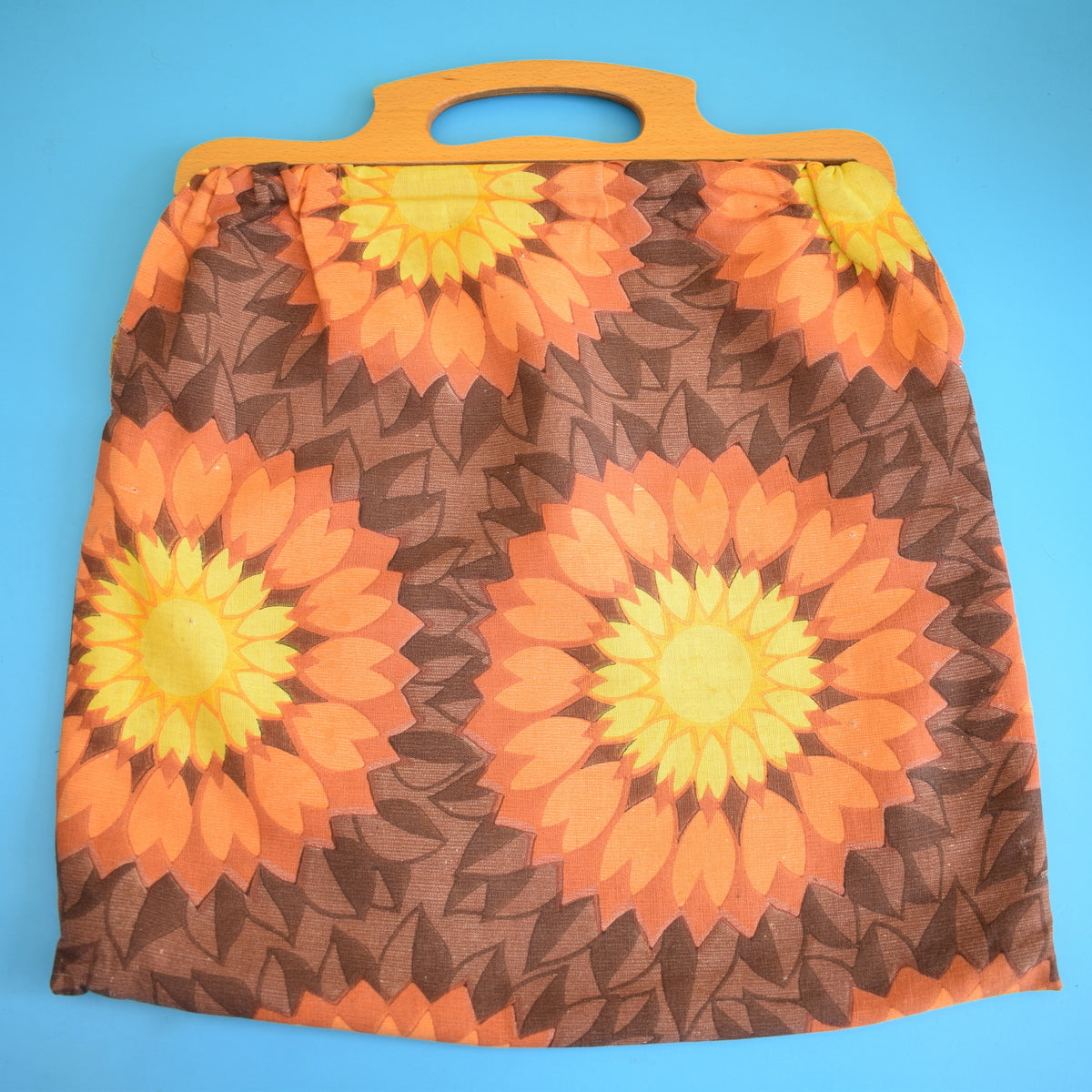 Vintage 1960s Handmade Knitting Bag / Storage Bag - Orange. Yellow & Brown