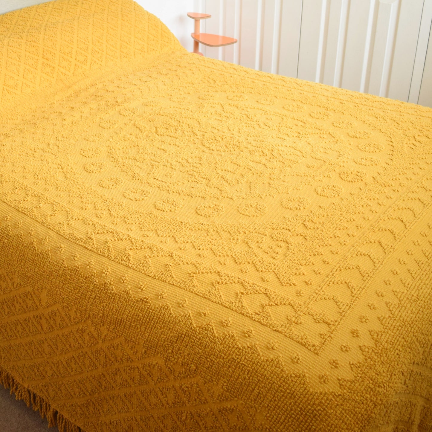 Vintage 1960s Candlewick Bedspread Mustard Pineapple Retro