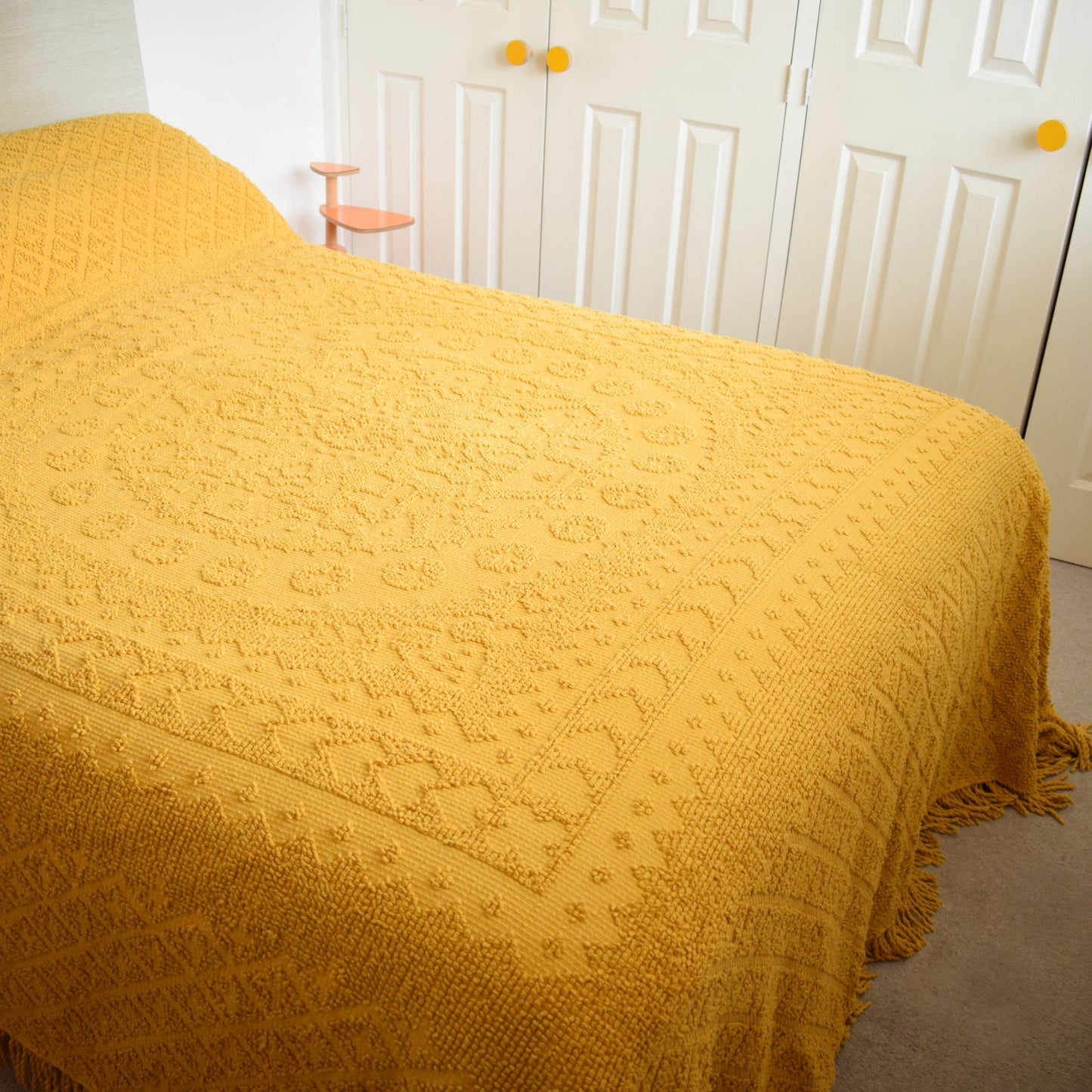 Vintage 1960s Candlewick Bedspread Mustard Pineapple Retro