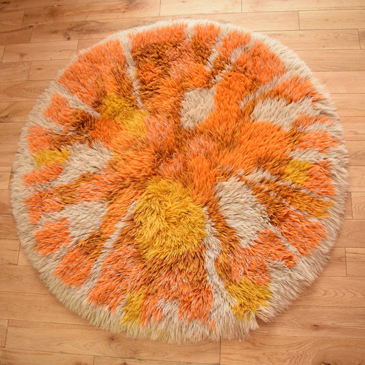 Vintage 1970s Shag Pile Round Rug - Geometric - Orange by Pineapple Retro