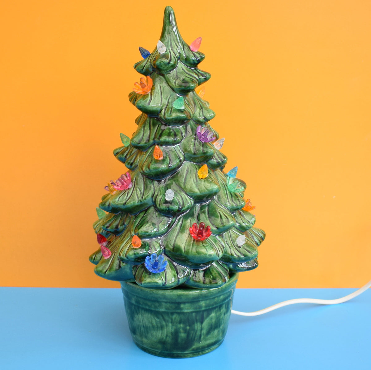 Vintage Ceramic Christmas Tree Light - Green With Rainbow Bulbs