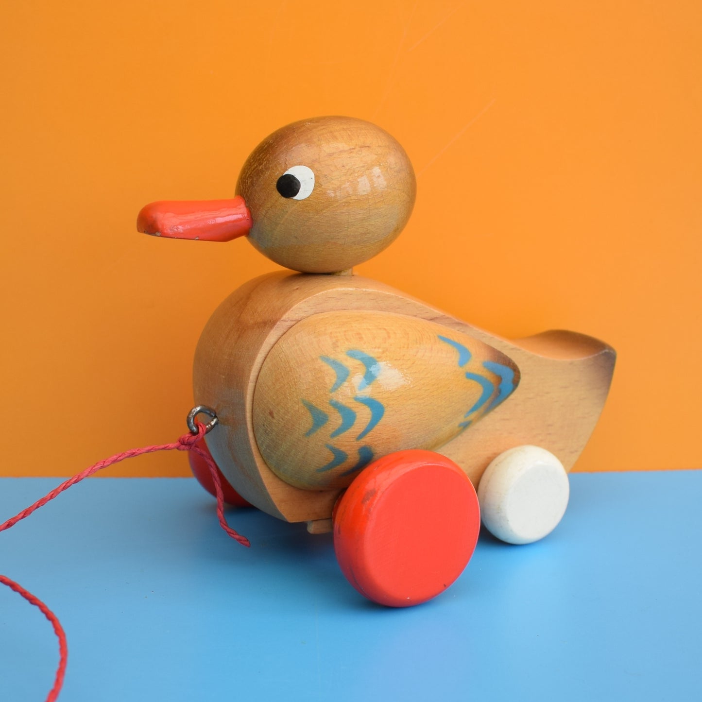 Vintage 1960s Wooden Pull Along duck With Wheels .