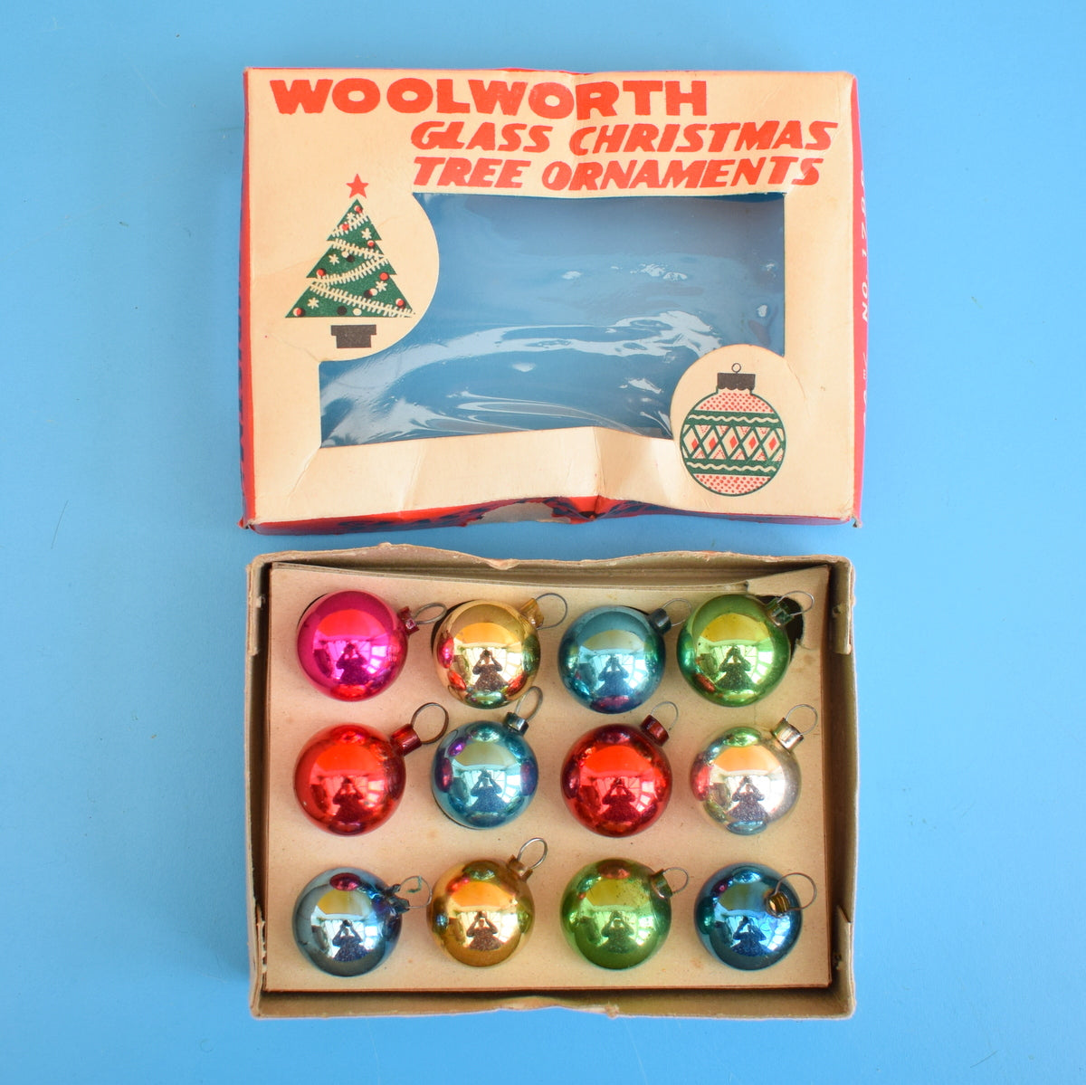 Vintage Mini 1950s Glass Christmas Baubles / Decorations x 12 Boxed .