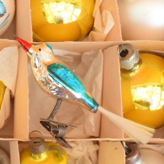 Vintage 1950s Glass Christmas Bauble / Decorations - Yellow / Blue