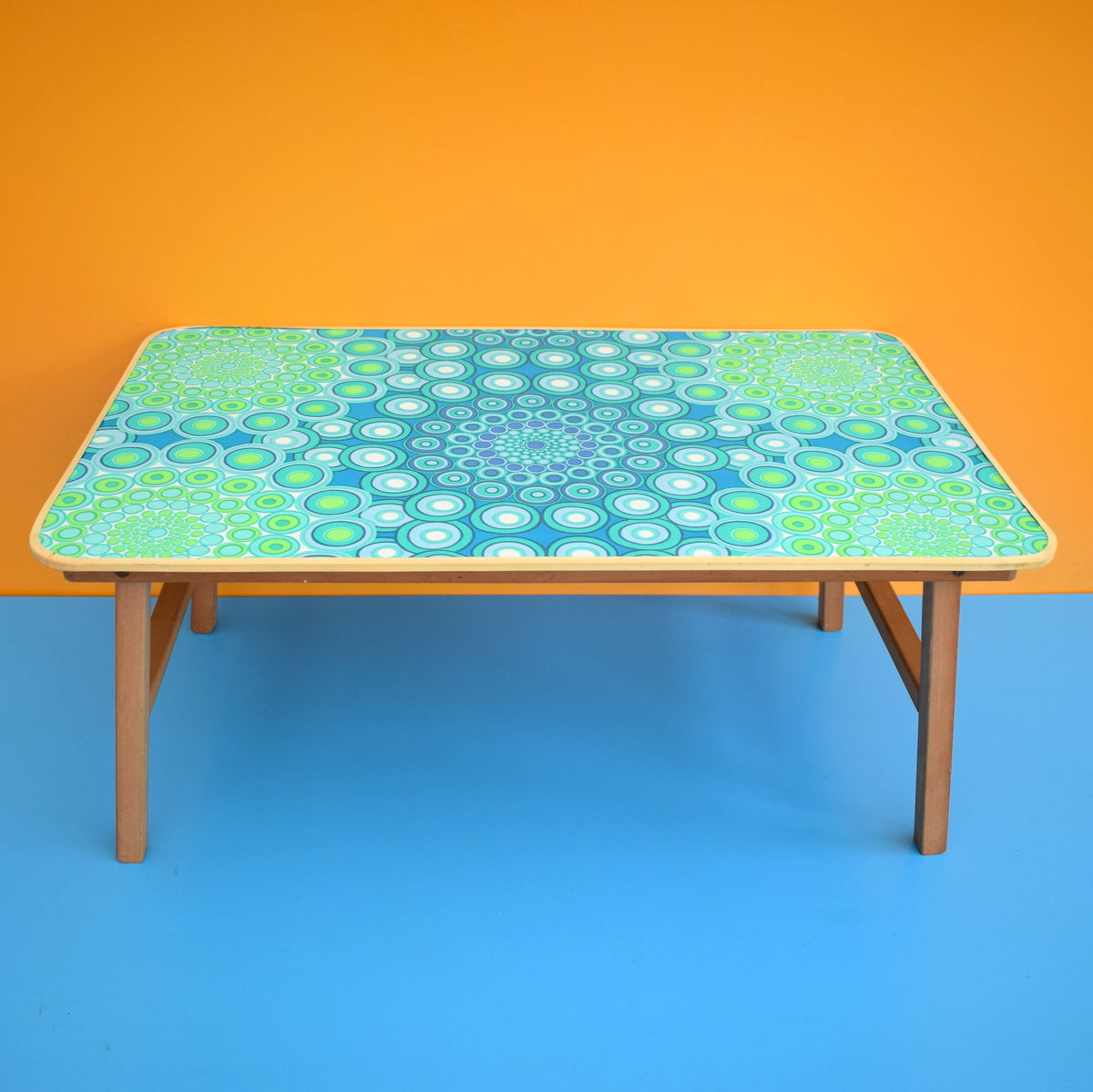 Vintage 1960s Folding Table - Blue/ Green Geometric Design