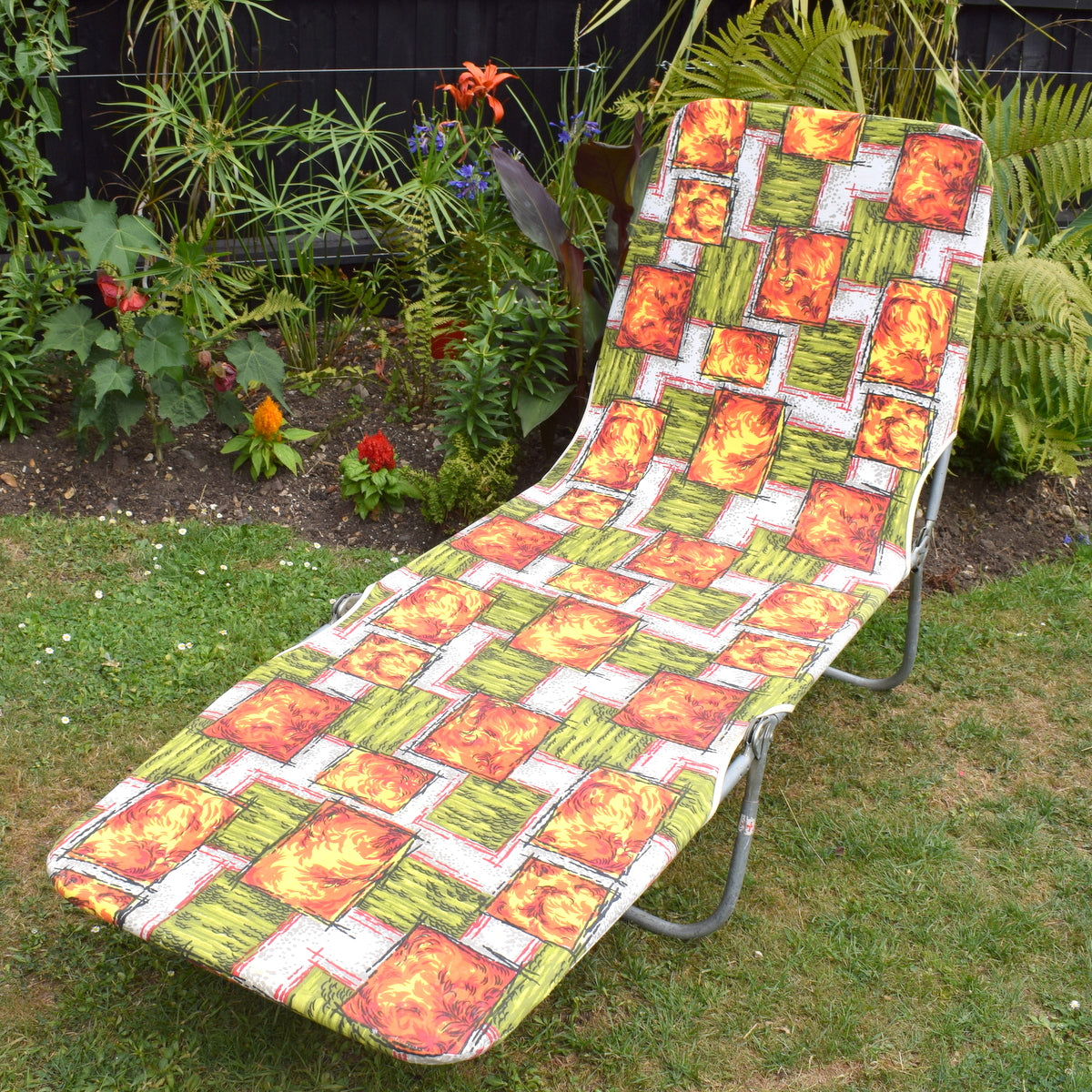 Vintage 1960s Garden Sun Lounger - Orange & Green Square Pattern