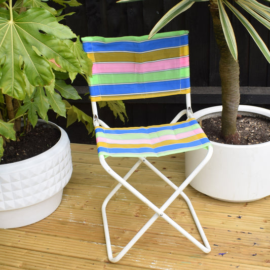 Vintage 1960s Striped Nylon Folding Stool / Chair - Blue, Yellow, Pink & Green