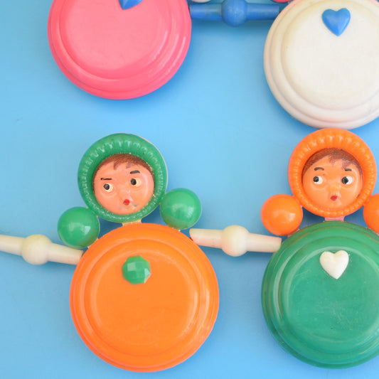 Vintage 1960s Plastic Doll Rattles / Pram Toys - Orange & Green /  Blue & Pink  Nevalyashka (Russian) Style