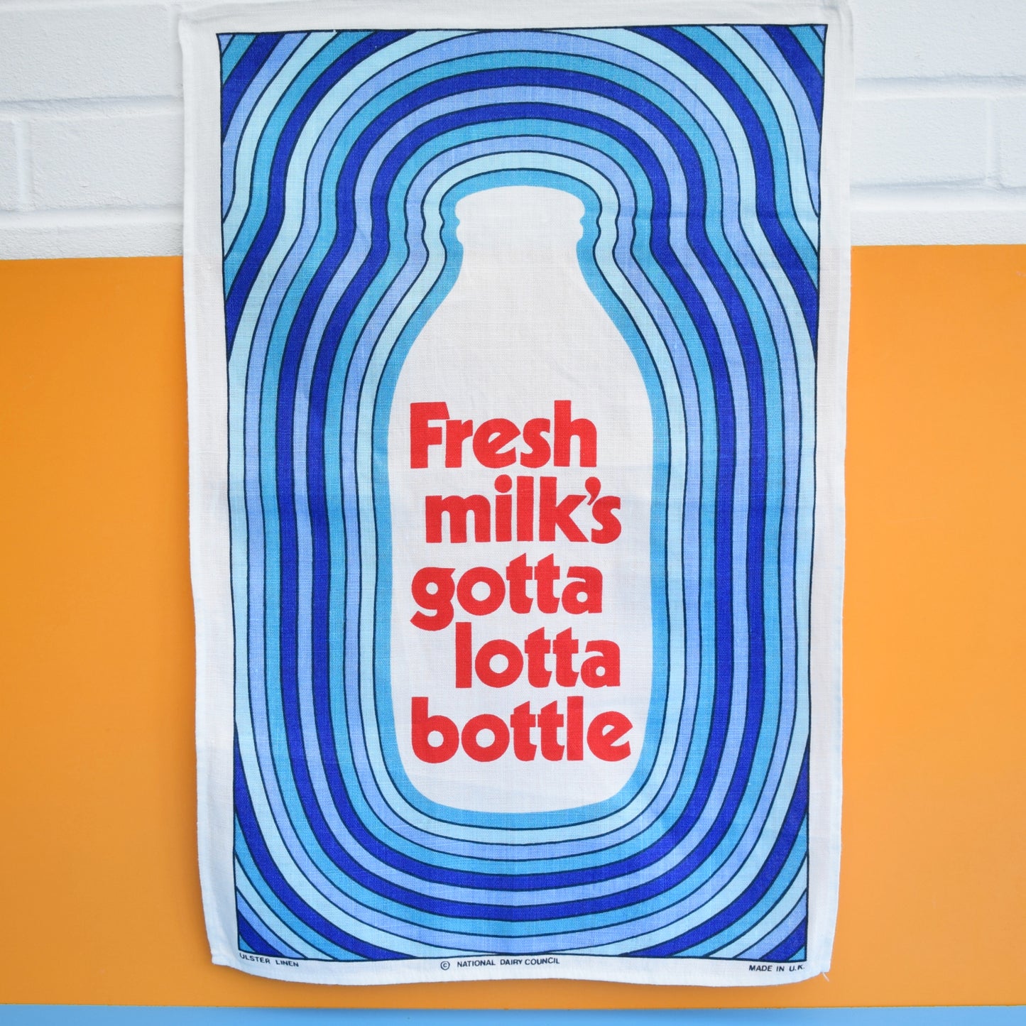 Vintage 1970s Cotton Tea Towel - Milk - Gotta Lotta Bottle .