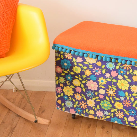 Vintage 1960s Blanket Box / Toy Box / Seat / Storage - Flower Power Vinyl, Wool & Bobbles