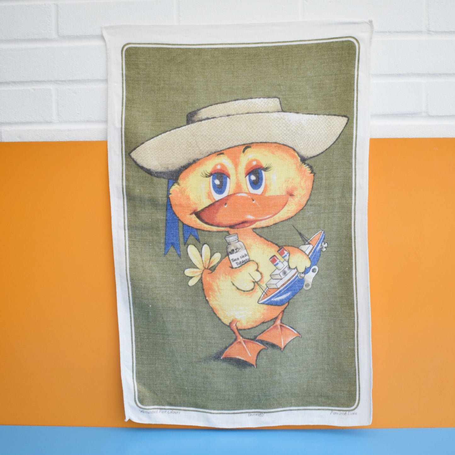 Vintage 1970s Tea Towel Duck & Boat Pineapple Retro
