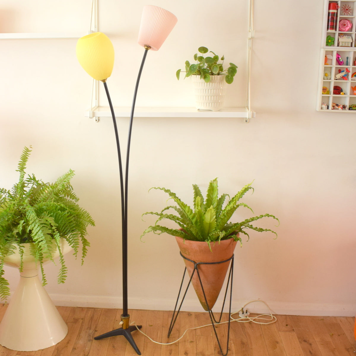 Vintage 1950s Metal Branch Floor Lamp - Plastic Ribbed Shades - Pink & Lemon Yellow