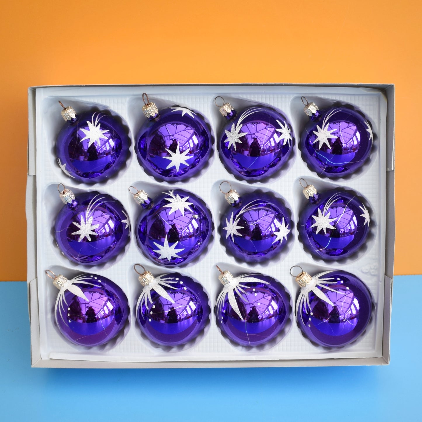 Vintage 1980s Glass Christmas Baubles - Boxed - Purple