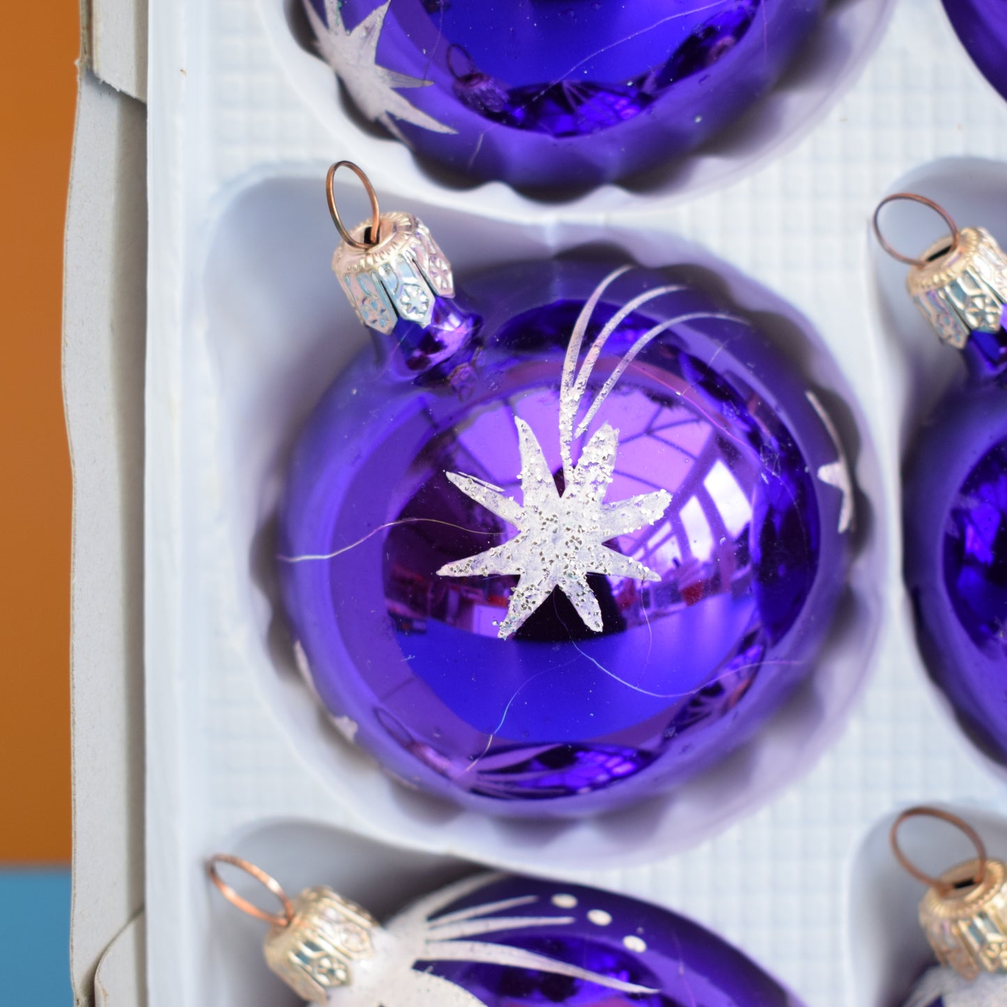 Vintage 1980s Glass Christmas Baubles - Boxed - Purple