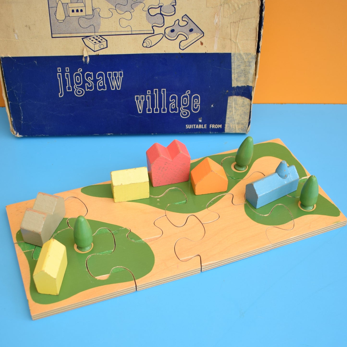 Vintage 1960s Boxed Kiddicraft Jigsaw Village Wooden