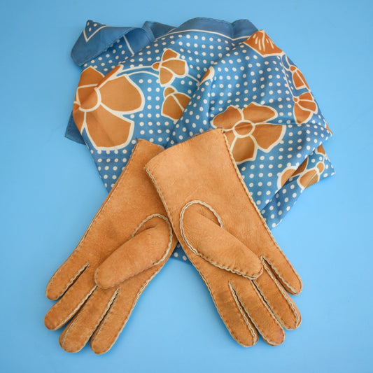 Vintage 1970s Suede / Sheepskin Gloves & Scarf