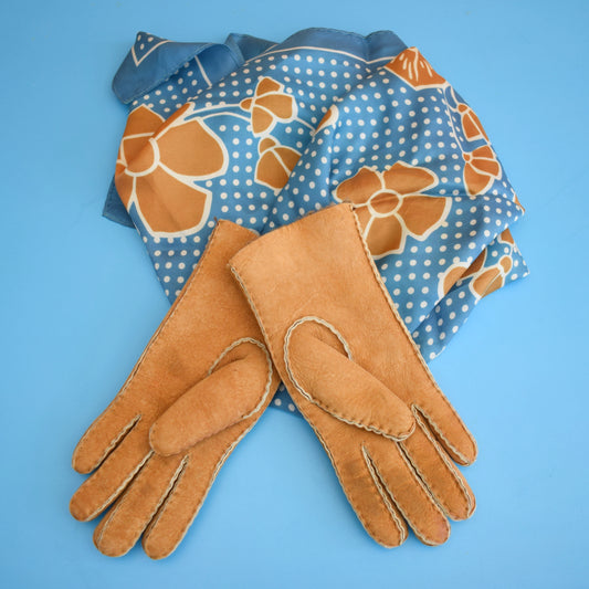 Vintage 1970s Suede / Sheepskin Gloves & Scarf by Vintage