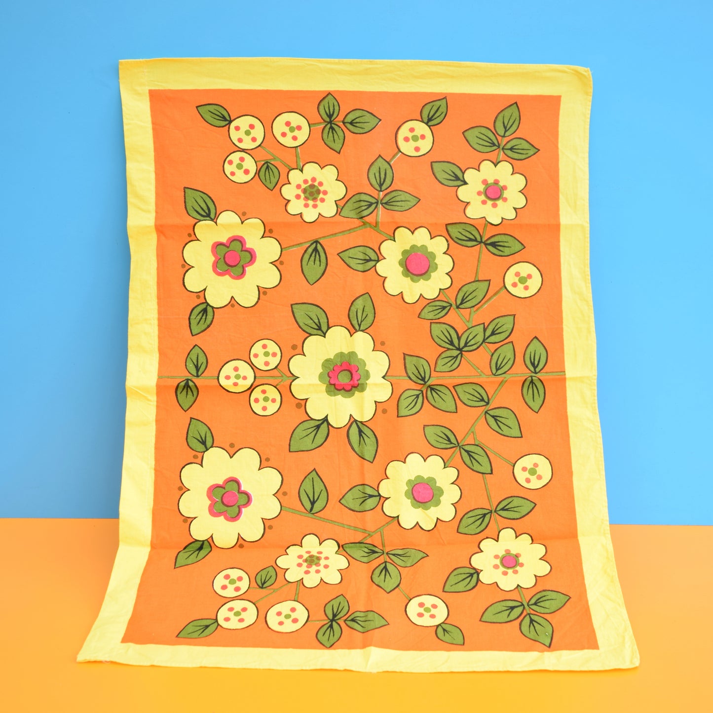 Vintage 1960s Cotton Tea Towel - Flower Power - Orange & Yellow