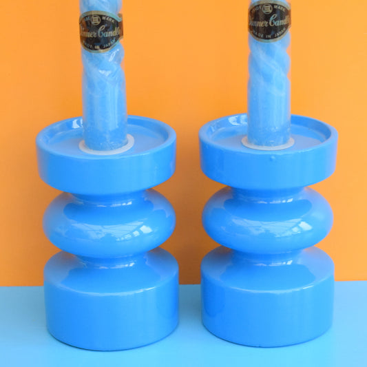 Vintage 1970s Ceramic Candle Holder Set- Blue by Pineapple Retro