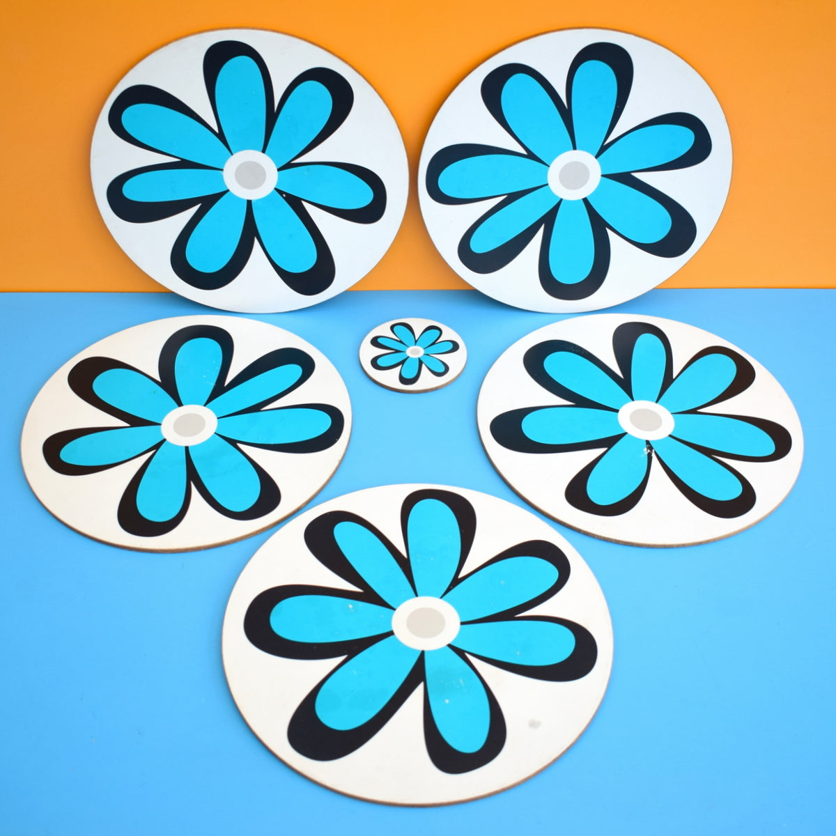 Vintage 1970s Round Placemat Sets - Blue Flower Design