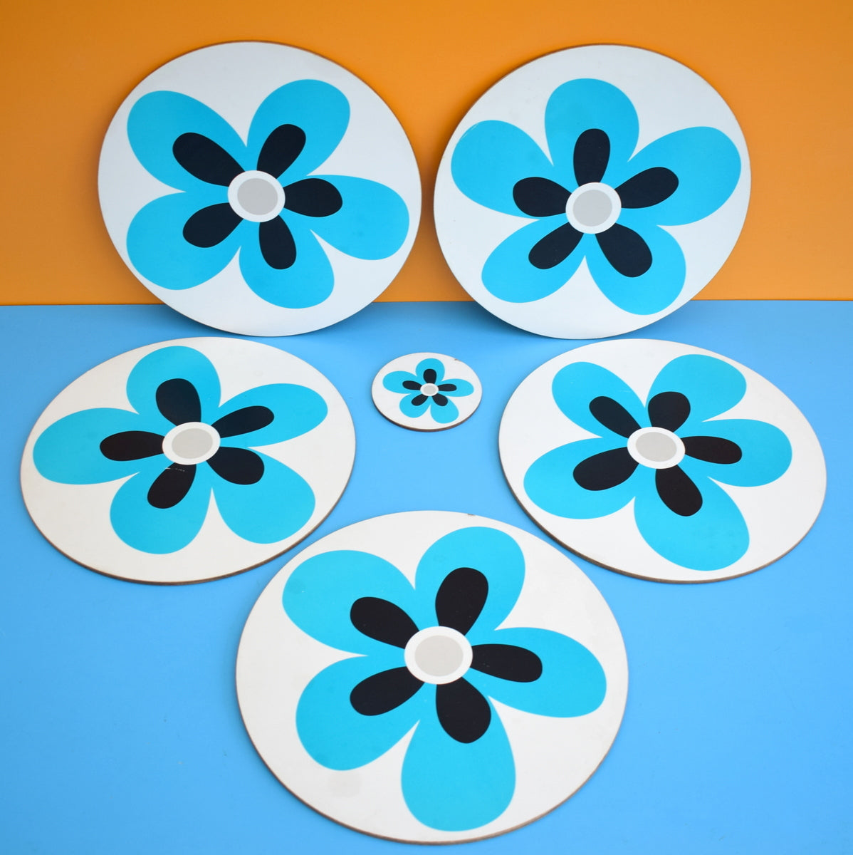 Vintage 1970s Round Placemat Sets - Blue Flower Design