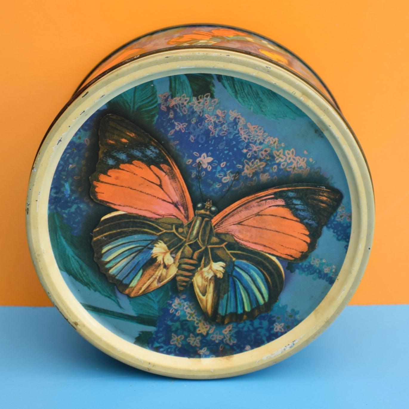 Vintage 1960s Metal Tin -Butterfly Design - Orange & Blue