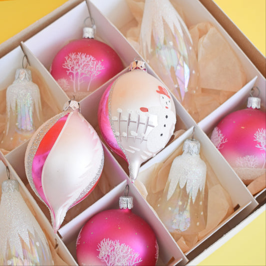 Vintage 1970s Glass Mixed Christmas Baubles - PInk