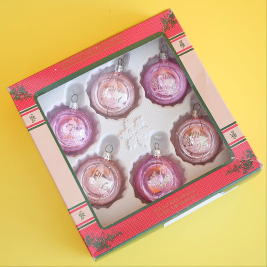 Vintage 1980s Glass Christmas Baubles - PInk Glitter