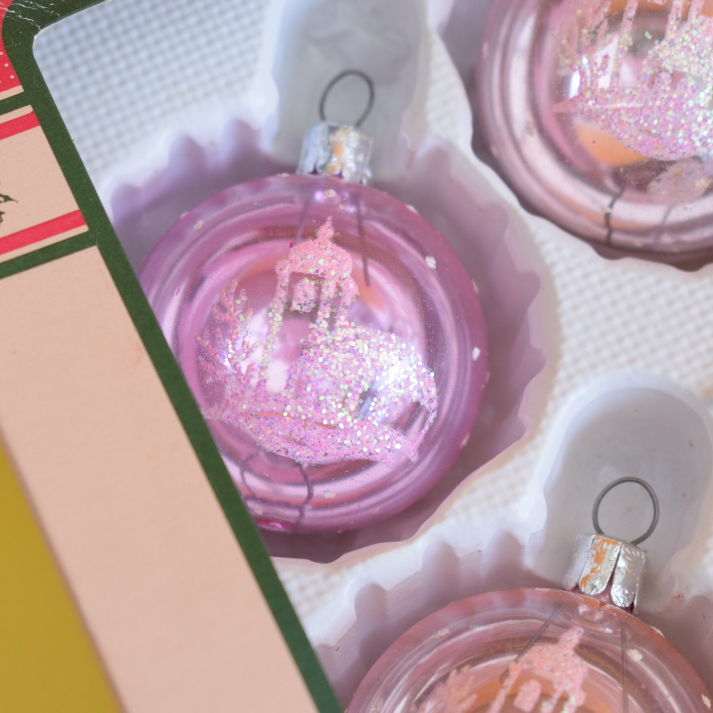 Vintage 1980s Glass Christmas Baubles - PInk Glitter