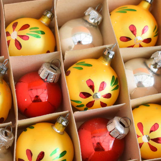 Vintage 1970s Glass Mixed Christmas Baubles - Yellow